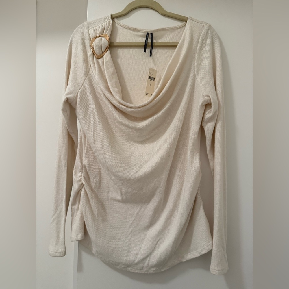 Anthropologie cream cowl neck sweater with gold accent